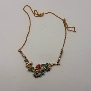 Gold-Tone Floral Pendant Necklace with Green and Red Enamel Art brand